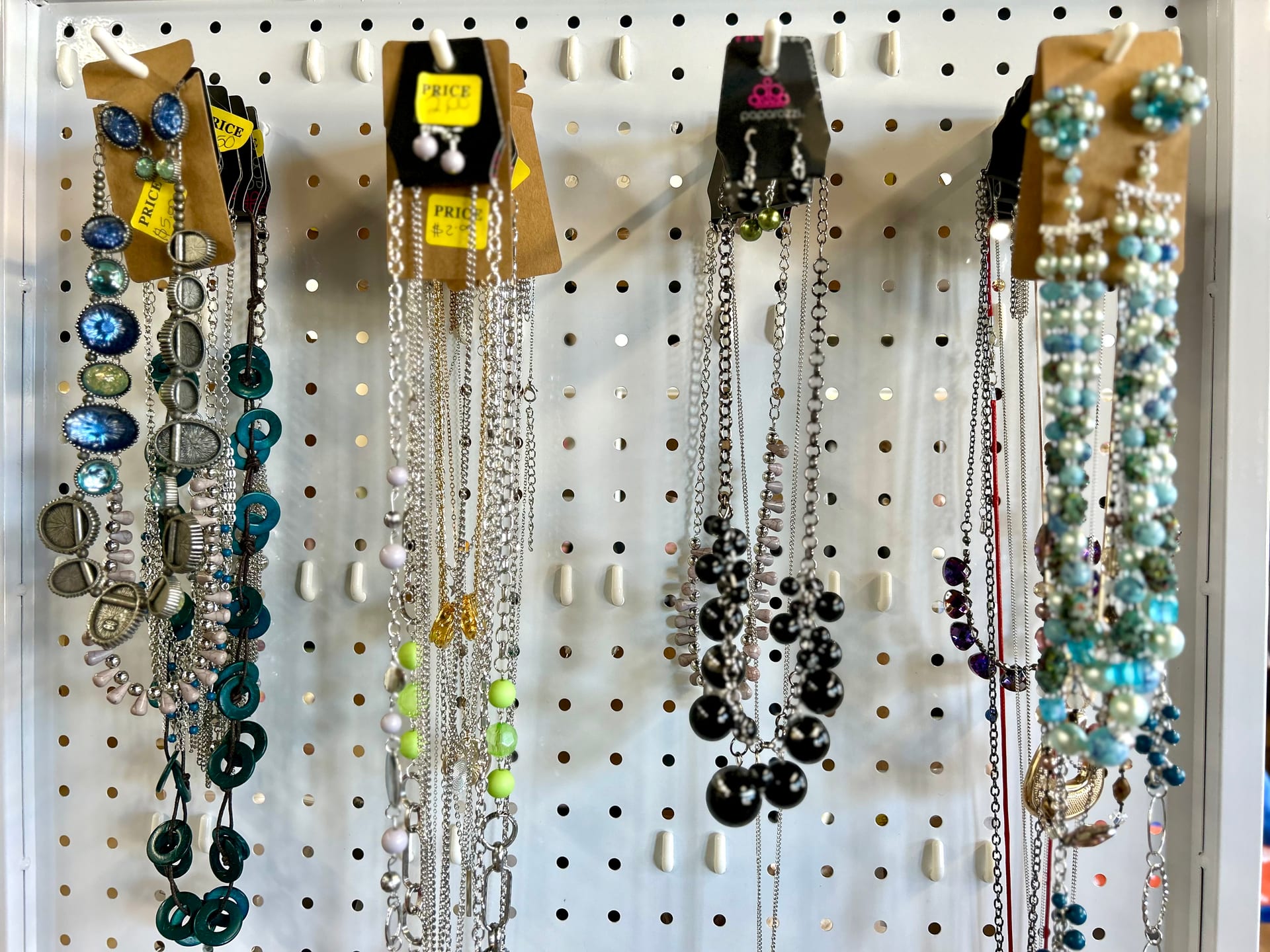 Jewelry and necklaces at Hannah's Harbor thrift store
